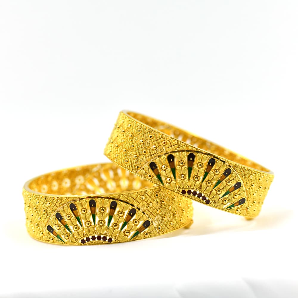 elegant fan motif gold bangles with enamel detailing